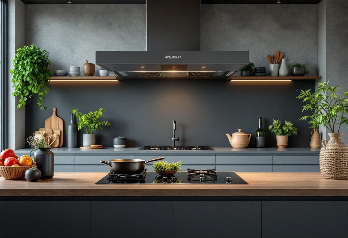Een strakke moderne keuken met een stijlvolle inbouw afzuigkap boven een inductie kookplaat, geïntegreerd in het keukenontwerp, met gedimde verlichting en een dampende pan op het vuur.