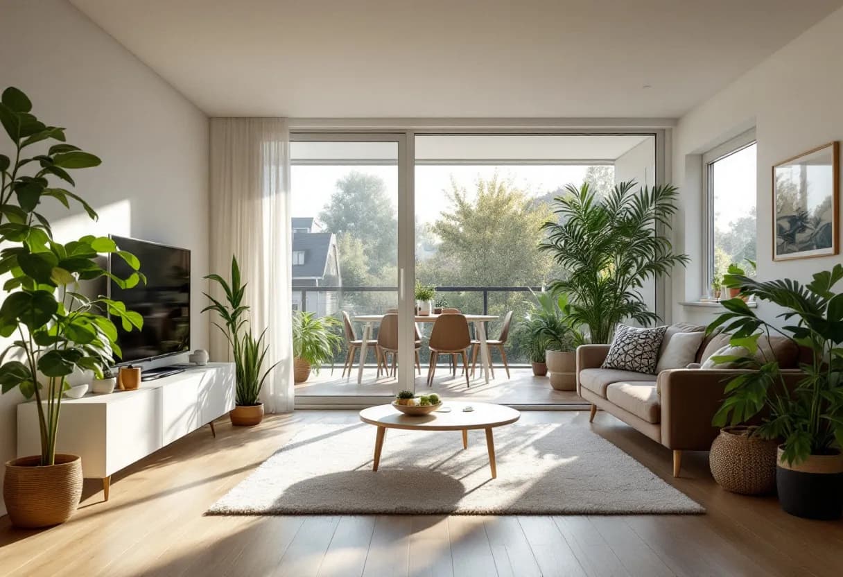 Een helder verlicht modern appartement met open raam en zichtbare ventilatieroosters, frisse lucht stroomt binnen, in een Vlaamse stadsomgeving.
