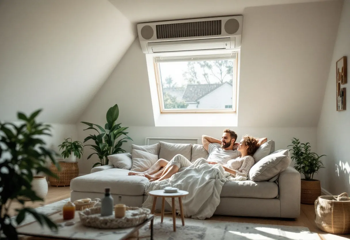 A bright, modern living room with an unobtrusive ventilation grille above the window and a stylish ventilation unit in the ceiling, while a family relaxes on the sofa.