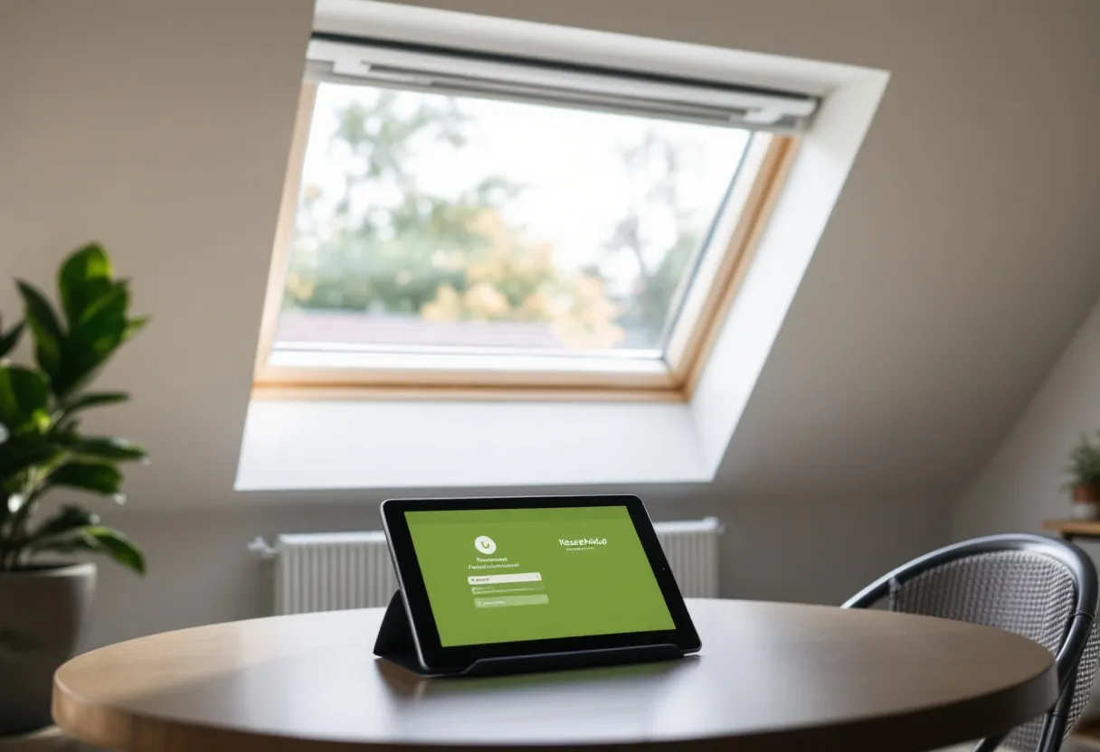 Een licht interieur van een Vlaamse woning met een modern ventilatierooster in de muur, subtiel ingewerkt en nauwelijks zichtbaar, terwijl er een tablet op tafel ligt met een keuzehulp-app open.