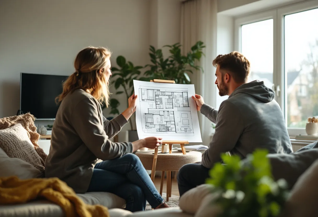 Een architect toont een gedetailleerd ventilatieplan aan een huiseigenaar in een woonkamer met veel natuurlijk licht, terwijl ze samen overleggen.