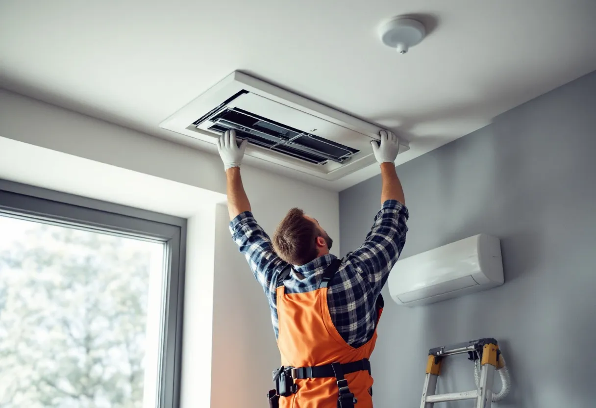 Een installateur in werkkleding monteert een ventilatiesysteem in een moderne woning in Limburg, met zichtbare luchtkanalen en een ventilatie-unit.
