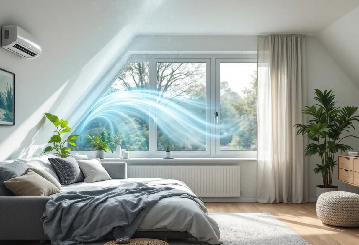 Een fotorealistisch beeld van een lichte Vlaamse woonkamer met een groot raam, waarin een discrete ventilatie-unit aan de muur zichtbaar frisse lucht verspreidt, terwijl een energiemeter op de achtergrond aangeeft dat het verbruik daalt.