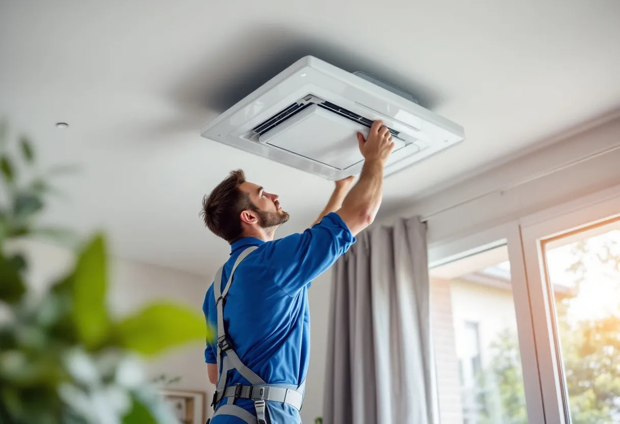 Een glimlachende installateur in blauwe werkkledij monteert een Renson Healthbox 3.0 ventilatie-unit aan het plafond van een lichte, moderne Vlaamse woning, met zichtbare kanalen en een gereedschapskoffer op de vloer.