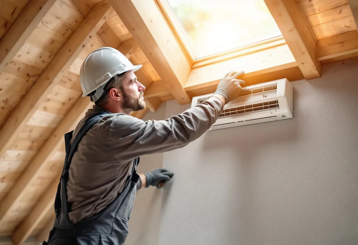 Een installateur in grijze overall plaatst een wit ventilatiekanaal in de nok van een Vlaamse zolder met houten balken, terwijl zonlicht door een dakraam naar binnen valt.