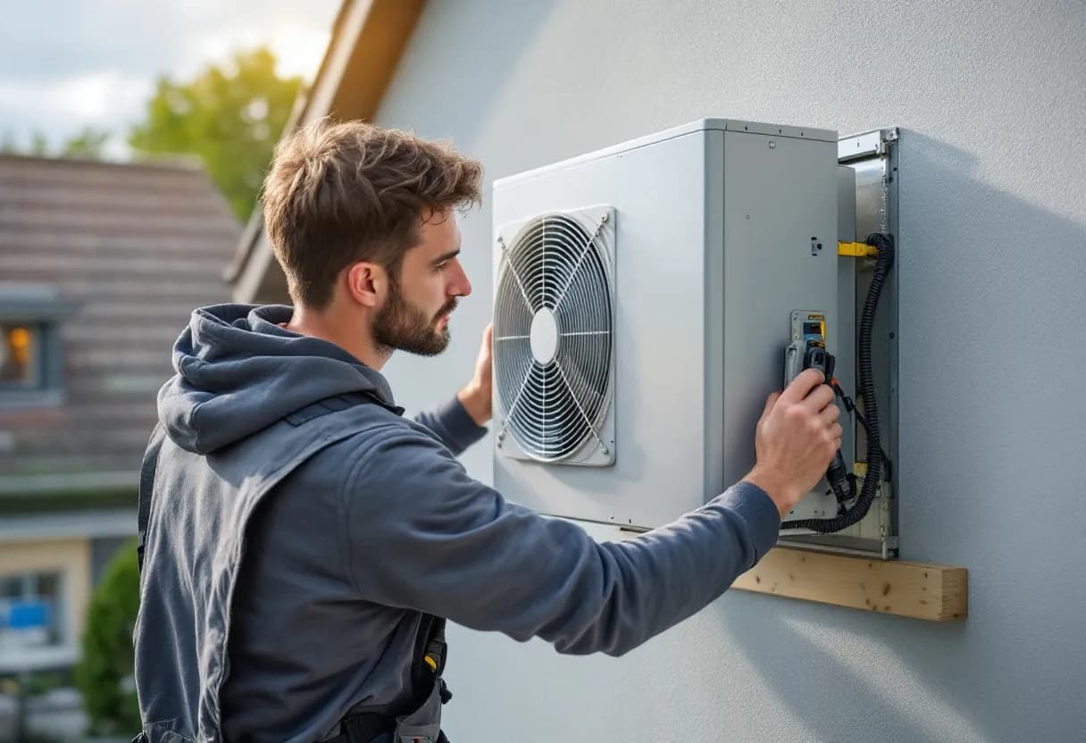 Een vakbekwame installateur in Oost-Vlaanderen monteert een ventilatie-unit op de zolder van een moderne woning, terwijl hij de buizen aansluit met uitzicht op een groene tuin en een dakdoorvoer.