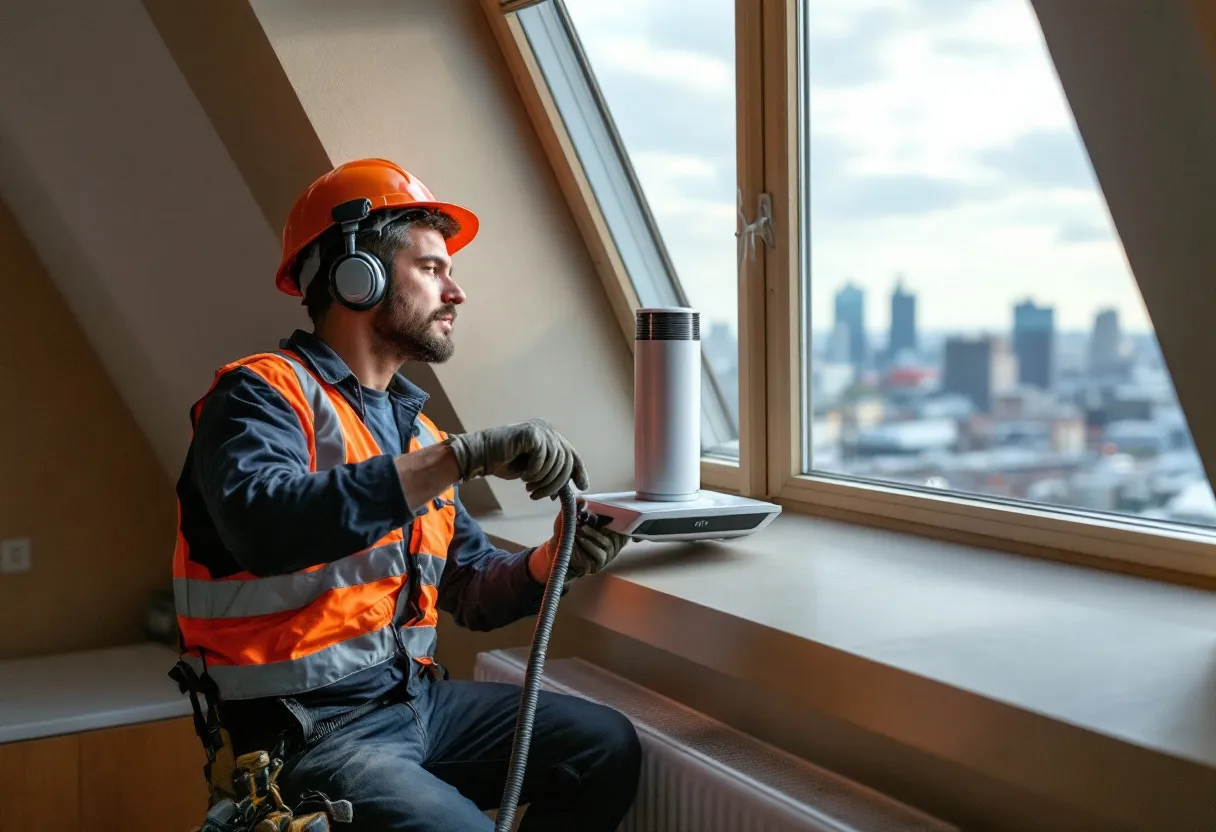Een ventilatie-installateur in een Antwerpse woning plaatst een modern WTW-ventilatietoestel op zolder, met de skyline van Antwerpen op de achtergrond zichtbaar door een dakraam.
