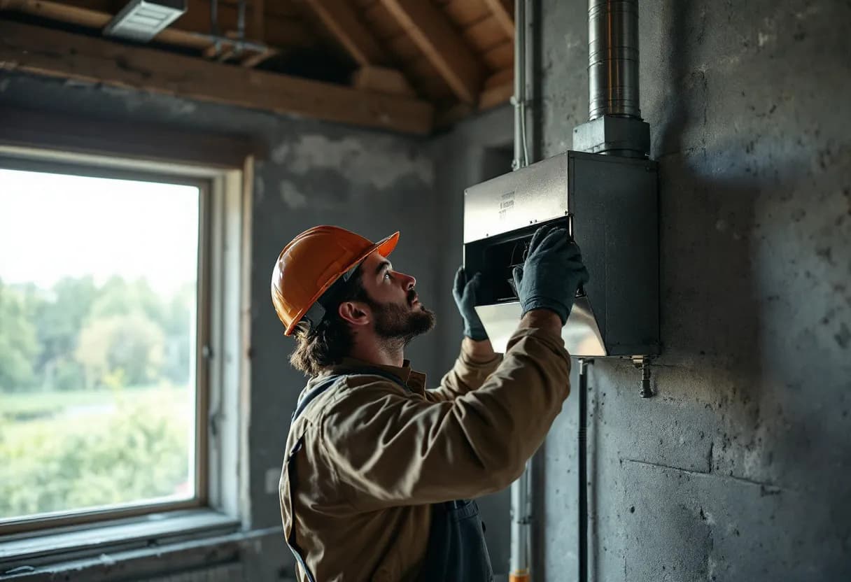 Een vakman in een strak werkpak wijst naar een zilveren ventilatiekanaal op een zolder met houten balken, terwijl daglicht door een dakraam schijnt in een typisch Vlaams rijhuis.