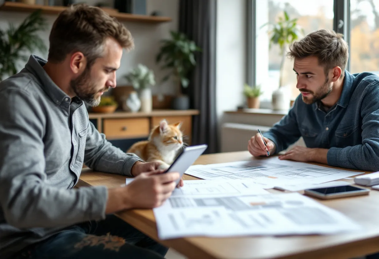 Een adviseur in een Vlaamse woonkamer legt aan een huiseigenaar aan de eettafel met behulp van een tablet en een bouwplan de mogelijkheden voor een nieuw ventilatiesysteem uit, terwijl de kat nieuwsgierig toekijkt.