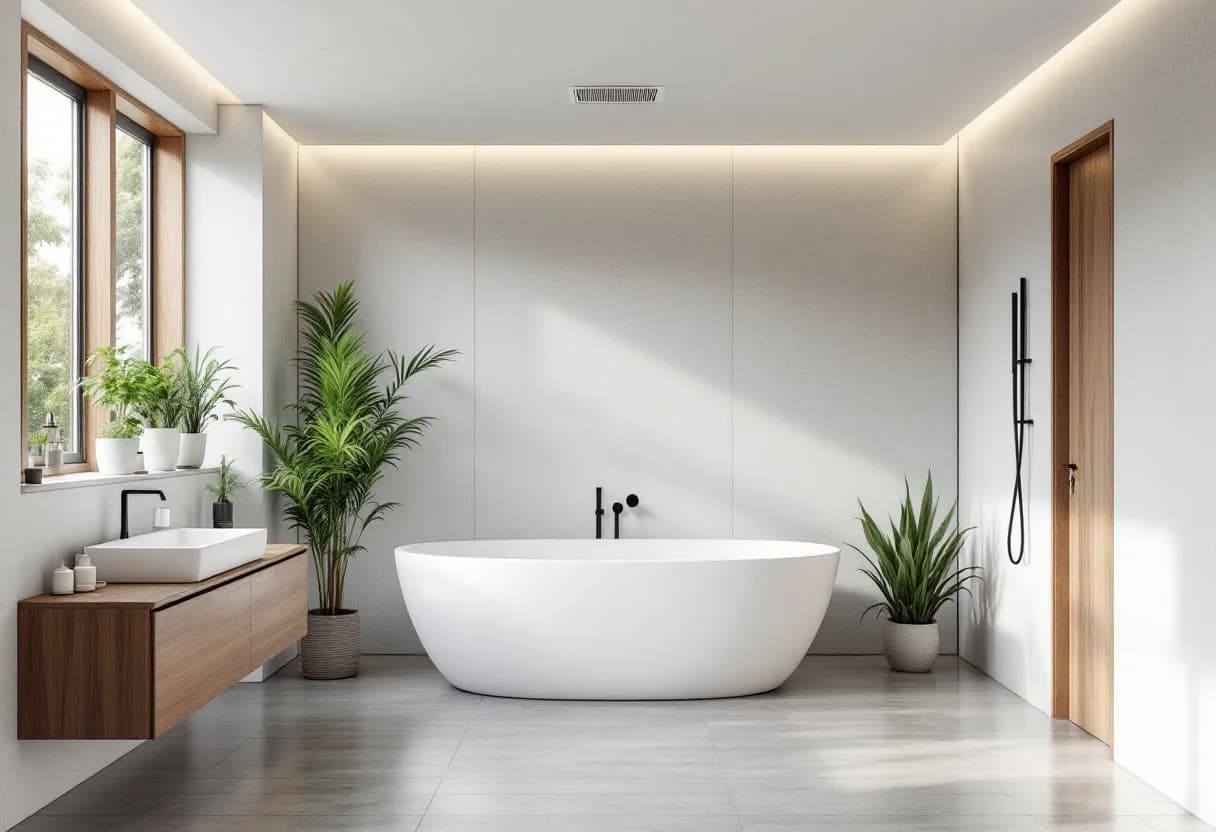 Een moderne, strakke badkamer met een wit plafond waar een designventilator subtiel is ingebouwd; stoom van een recente douche wordt geluidloos afgevoerd, terwijl een houten badkamermeubel en groene planten tegen een lichte tegelwand zorgen voor een spa-gevoel.