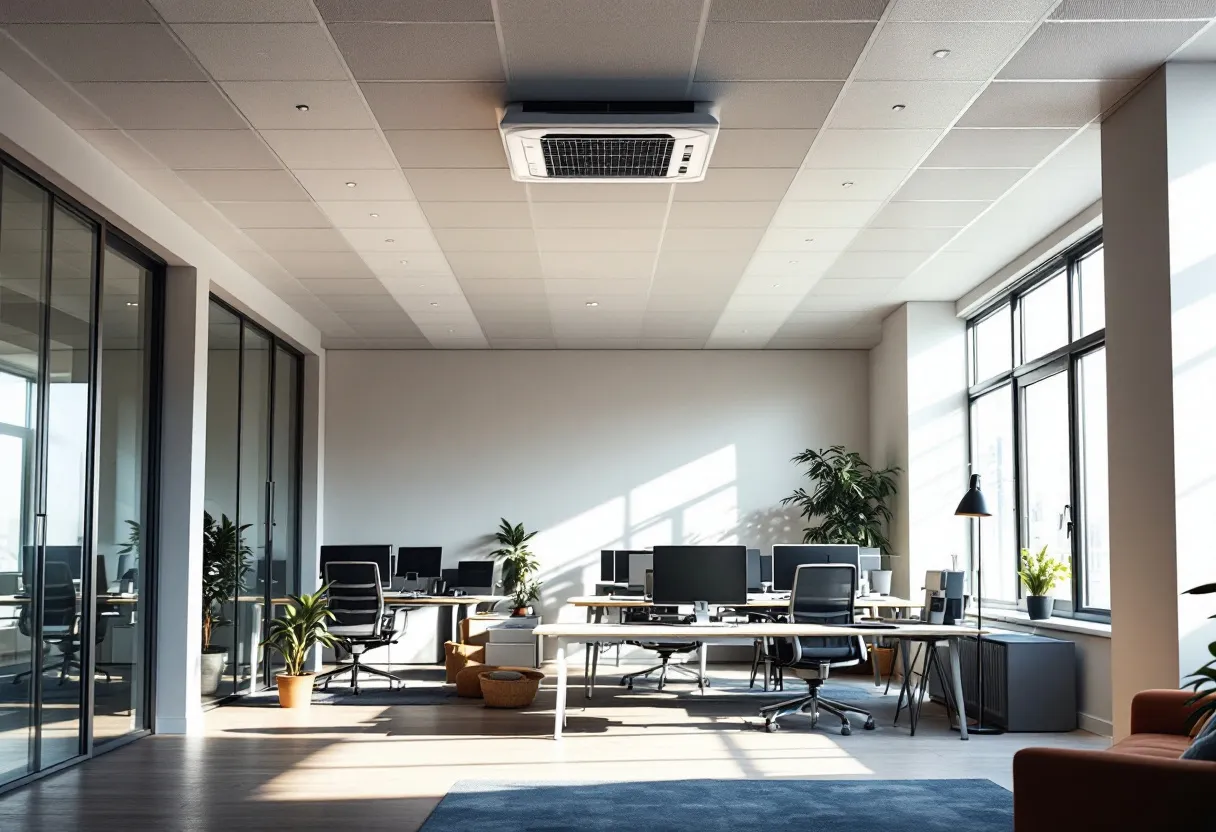 Een lichte, moderne kantoorruimte met een discrete ventilatie-unit aan het plafond, gezien in een Vlaams bedrijfspand.