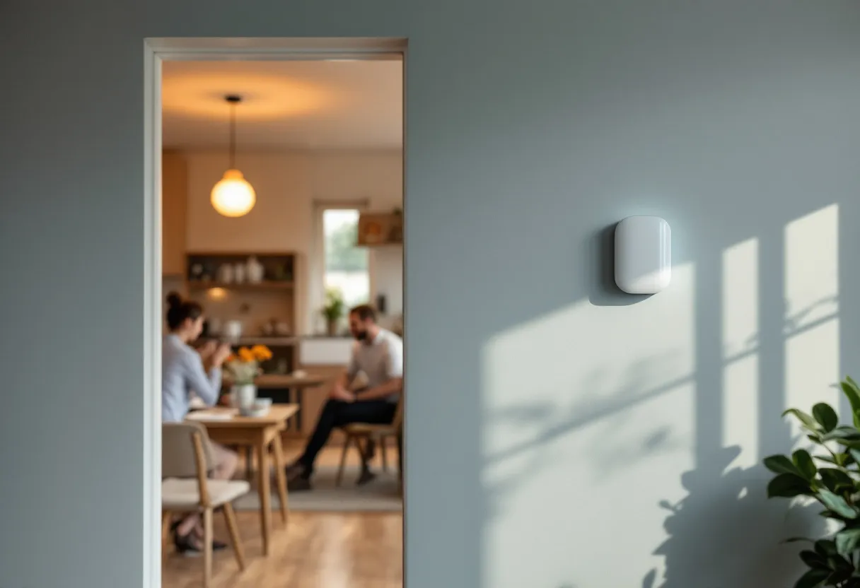 Een heldere woonkamer in een Vlaamse woning met een discrete witte CO2-sensor op de muur, terwijl een gezin aan tafel zit en een ventilatierooster subtiel frisse lucht verspreidt.