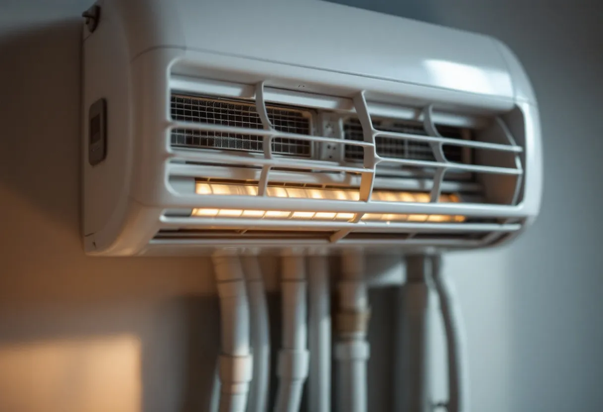 A photorealistic close-up of a modern type D ventilation unit with visible heat exchanger and filters, installed in a neat attic of a Flemish home, with insulated air ducts running downwards and a digital thermostat on the wall.