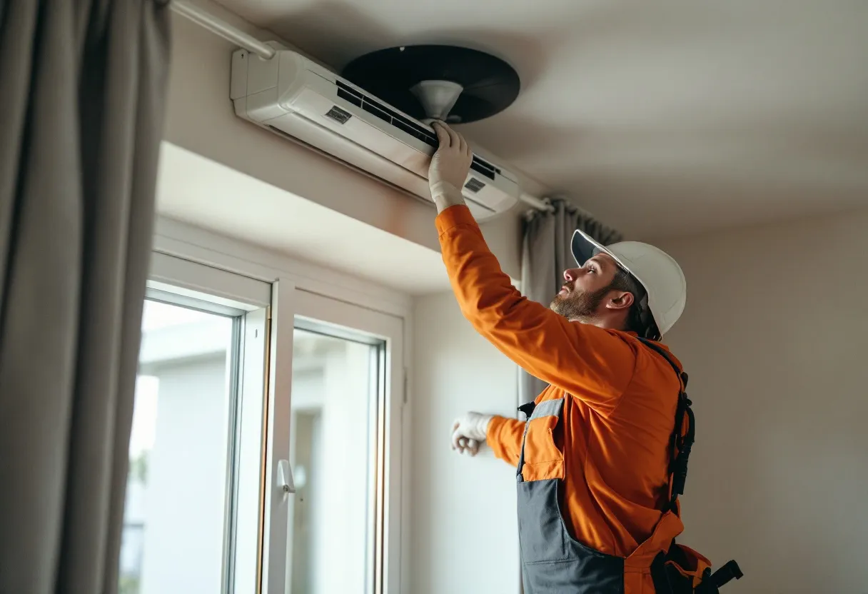 Een installateur in werkoutfit toont een ventilatierooster boven een raam aan een koppel in een lichte woonkamer in een Vlaamse woning.