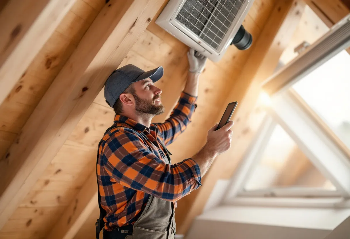 Een vakman in Vlaanderen installeert een modern ventilatiesysteem D in de zolder van een gerenoveerd huis, met zichtbare luchtkanalen en een warmtewisselaar, natuurlijk daglicht valt door een dakraam.