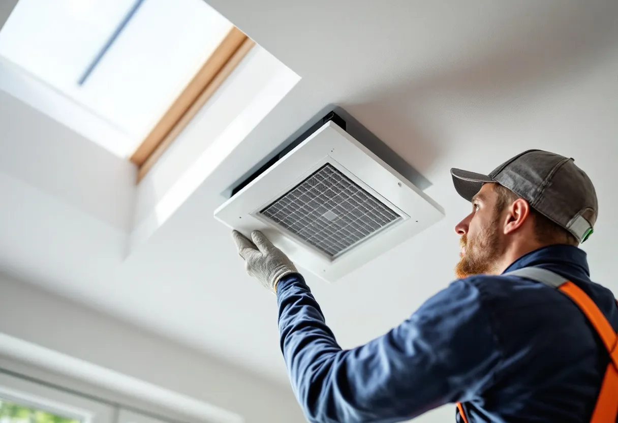 Een fotorealistische close-up van een moderne, compacte witte ventilatie-unit met warmteterugwinning, gemonteerd aan het plafond van een nette technische ruimte in een Vlaamse nieuwbouwwoning, met grijze luchtkanalen die naar andere ruimtes leiden, terwijl een installateur met een schroevendraaier de filters controleert.