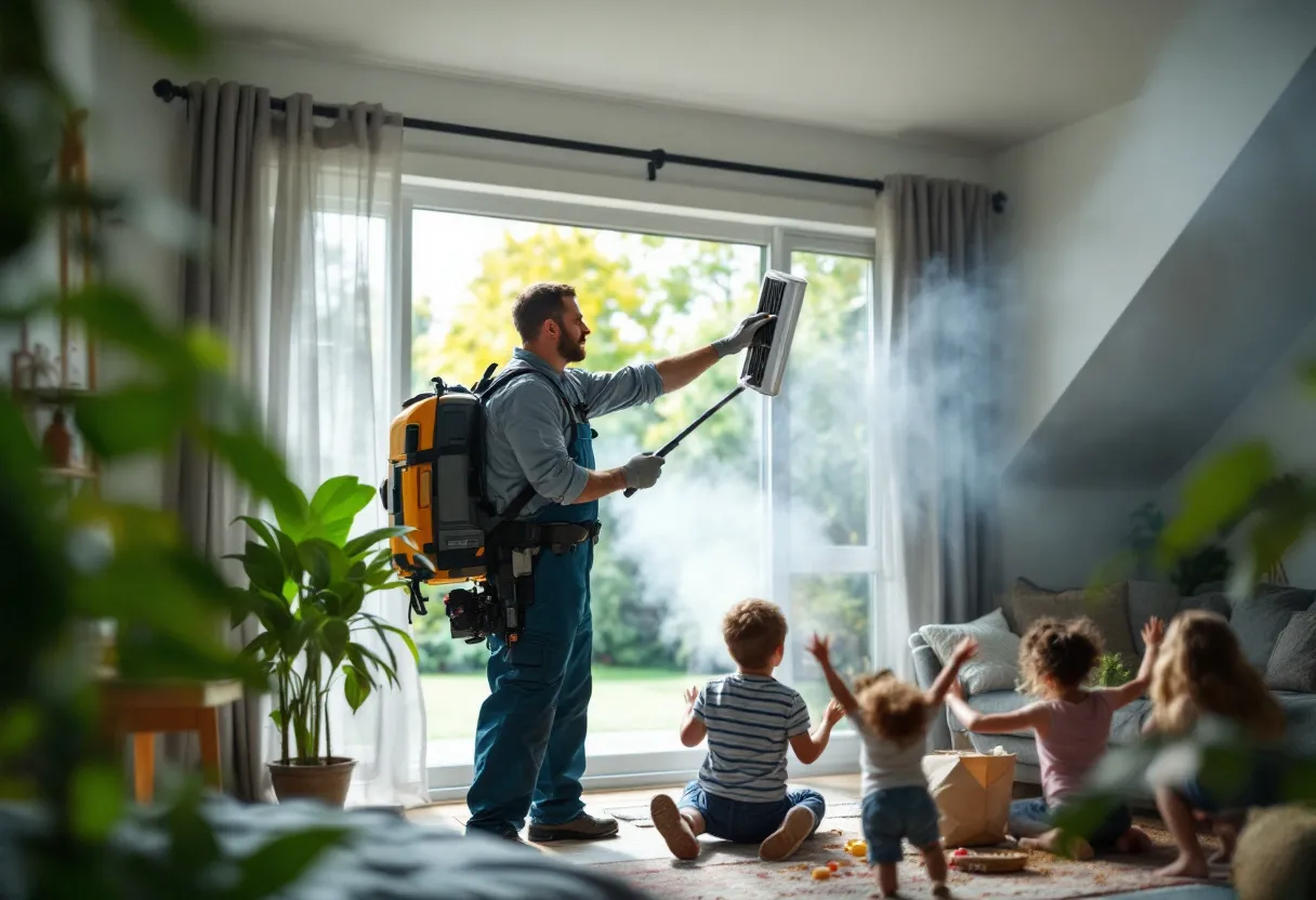 Een vakman in blauwe overall installeert een ventilatierooster in een gerenoveerde woonkamer met zicht op een groene tuin, terwijl stofdeeltjes in een zonnestraal dansen.
