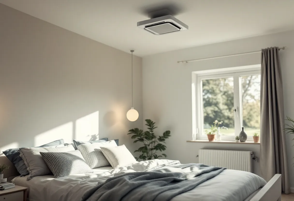 Een lichte Vlaamse woonkamer met een discreet ventilatierooster in het plafond en een moderne CO2-sensor aan de muur, die de luchtkwaliteit bewaakt terwijl een gezin ontspant.