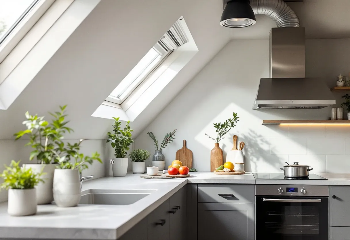 Een moderne keuken in een Vlaamse woning met een strak inbouwafzuigkap en wandventielen die verse lucht laten circuleren, terwijl zachte ventilatiekanalen in het plafond onopvallend hun werk doen.