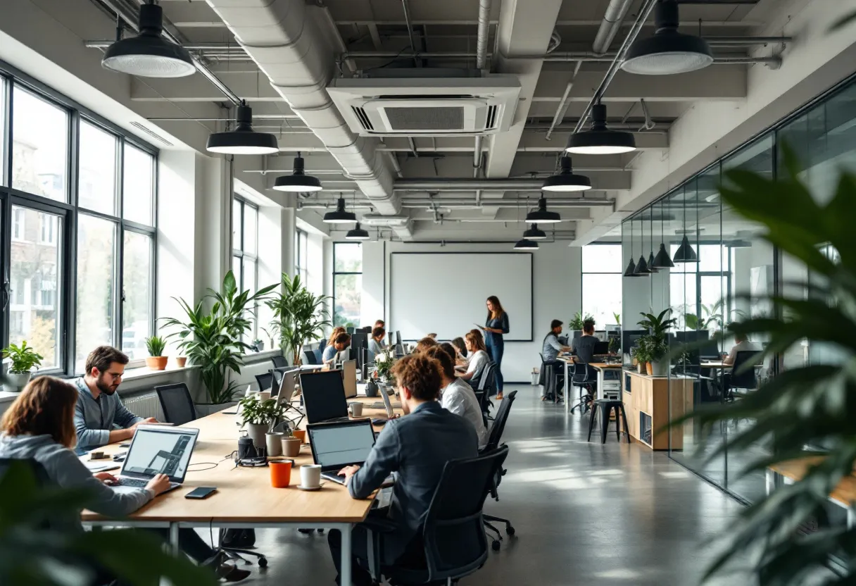 Een modern open kantoor met grote ramen, werkplekken met laptops, en een discreet ventilatiesysteem in het plafond, terwijl medewerkers geconcentreerd werken.