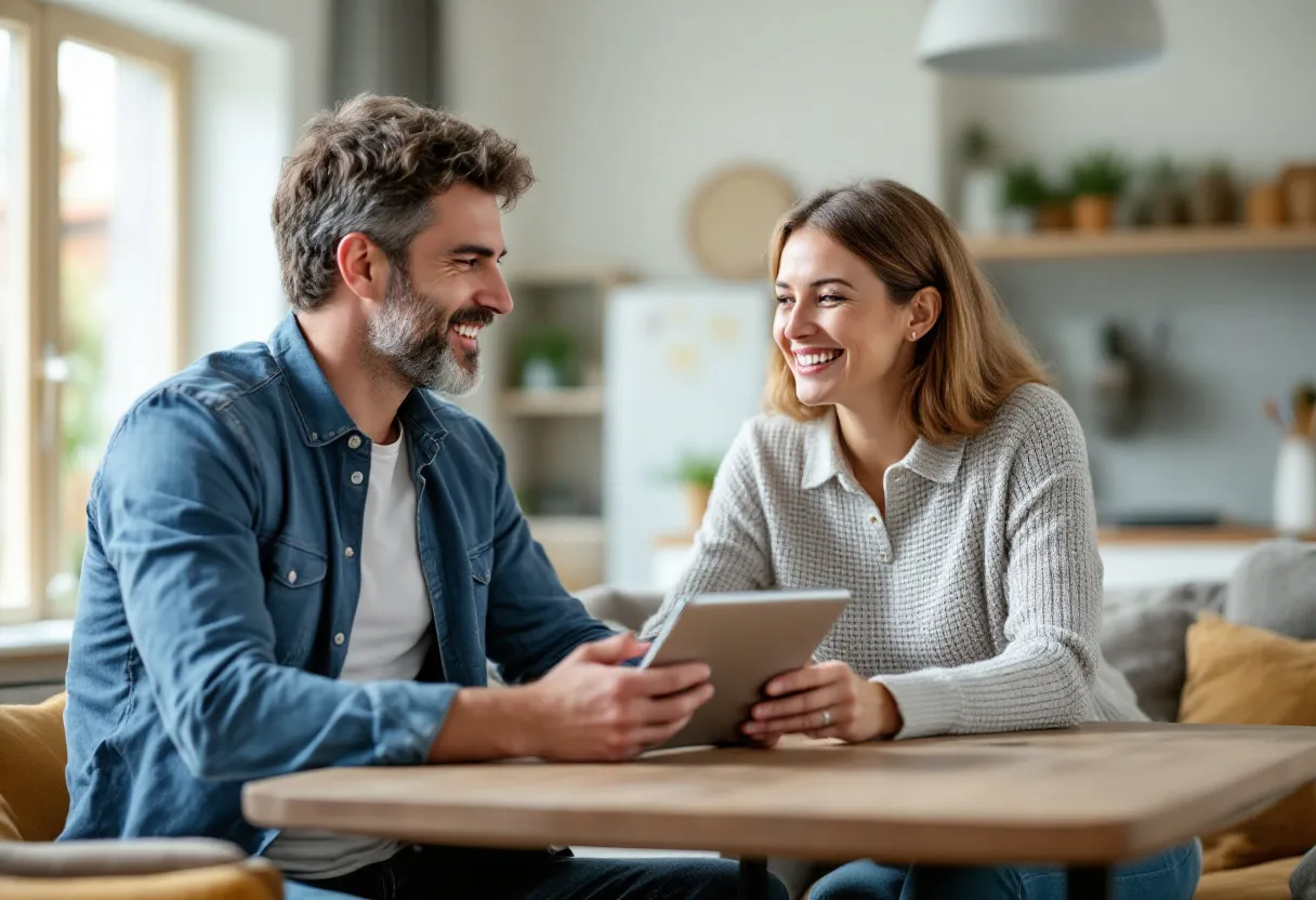 Een vriendelijke ventilatiespecialist bespreekt met een gezin in hun lichte Vlaamse woonkamer de plaatsing van een balansventilatiesysteem, terwijl een tablet met ventilatie-opties op tafel ligt.