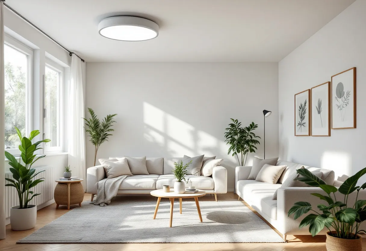 Een lichte, moderne woonkamer in een appartement met een onopvallend ventilatierooster boven het raam en een stijlvol plafondventilatiepunt, terwijl gezonde lucht circuleert.