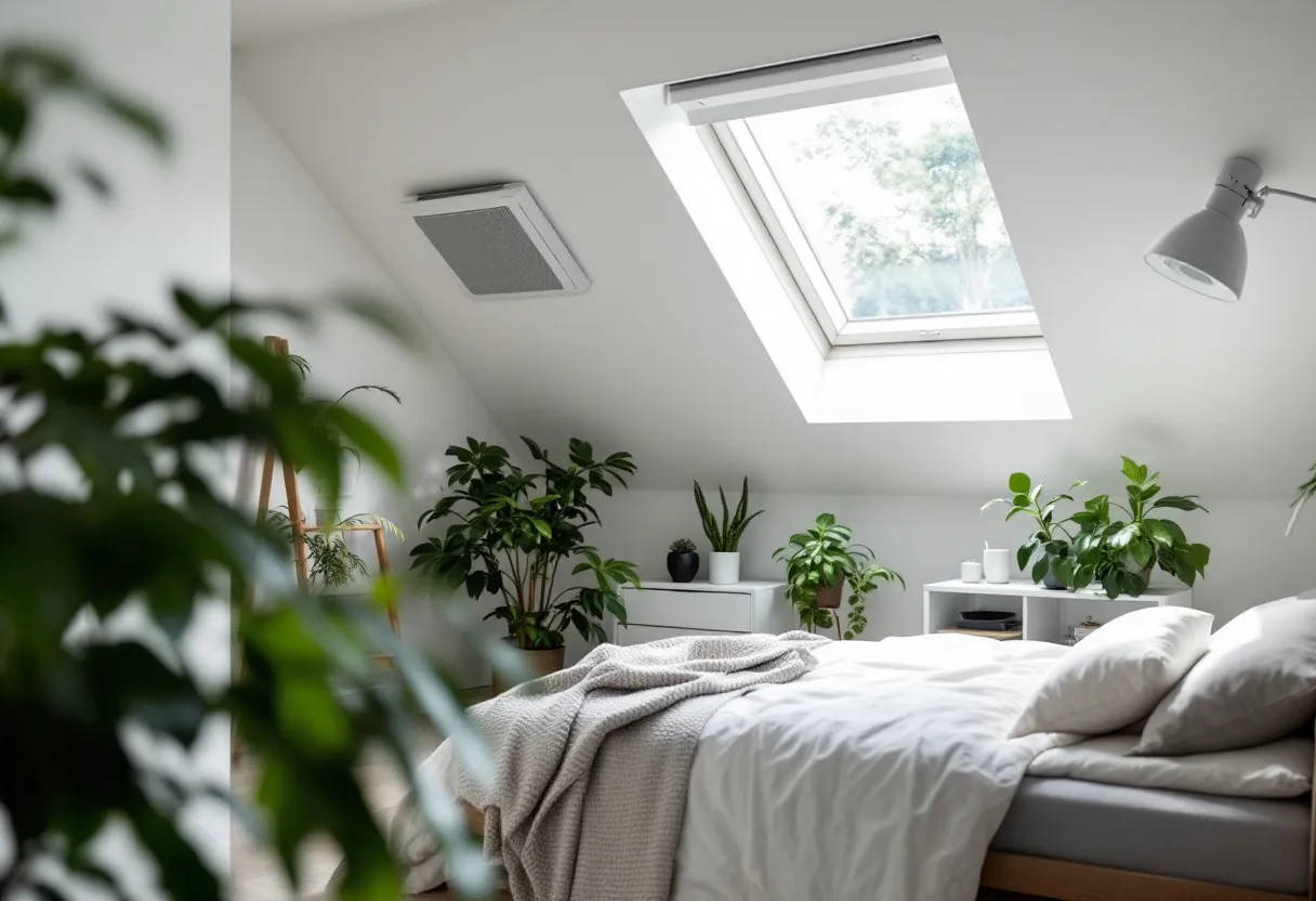 Een lichte, moderne woonkamer in een Vlaamse woning met een discreet wit ventilatierooster boven het grote raam en een balansventilatie-unit geïntegreerd in een kast, met groene kamerplanten en een gezonde luchtkwaliteit.