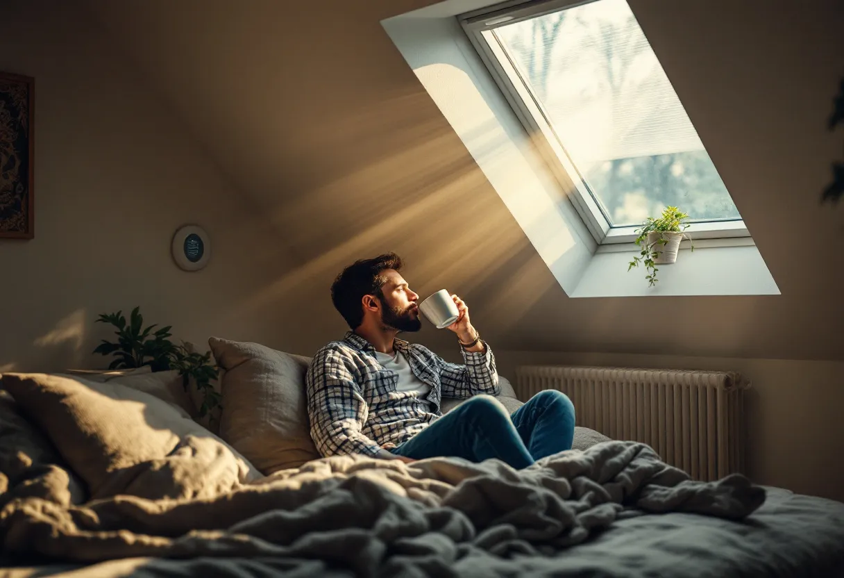 Een Vlaamse woonkamer met een discreet ventilatierooster naast het raam, een koppel drinkt koffie terwijl de luchtzuiverende werking van het ventilatiesysteem zichtbaar wordt in frisse, stromende luchtlijnen.